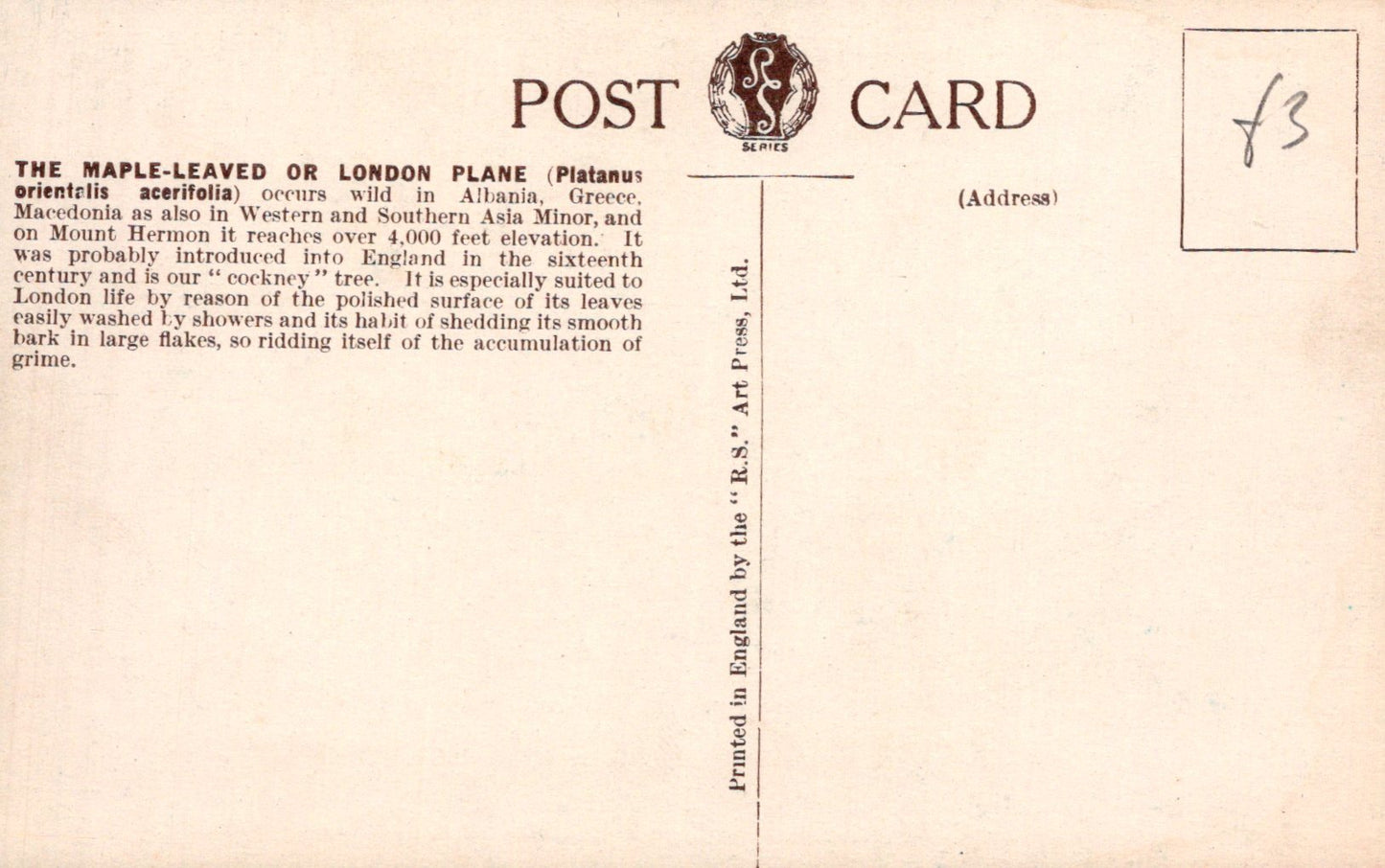 Back of a vintage postcard with text and a logo on a beige background