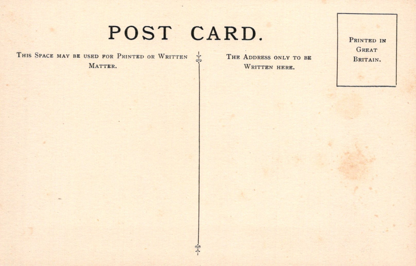 Vintage postcard with printed text and a vertical line for writing on it.