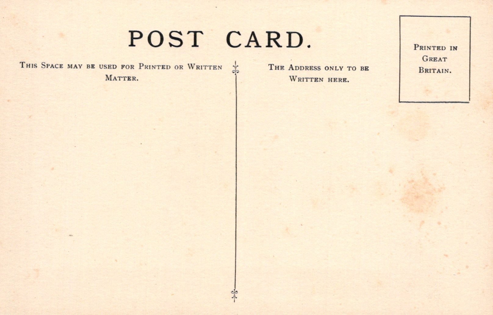 Vintage postcard with printed text and a vertical line for writing on it.