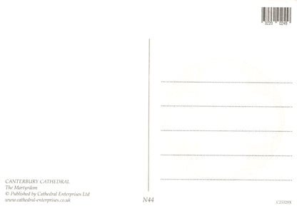 Back of a postcard with text and barcode, featuring Canterbury Cathedral.