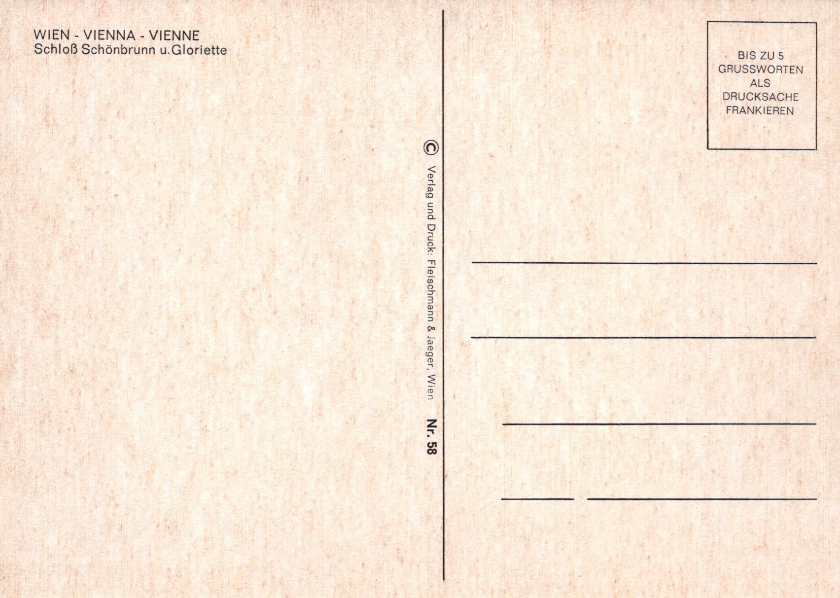 Back of a postcard from Vienna with text and design elements.