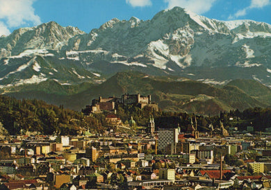 Cityscape with a castle and mountains in the background