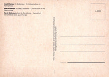 Load image into Gallery viewer, Back of a postcard with text in multiple languages on a beige background
