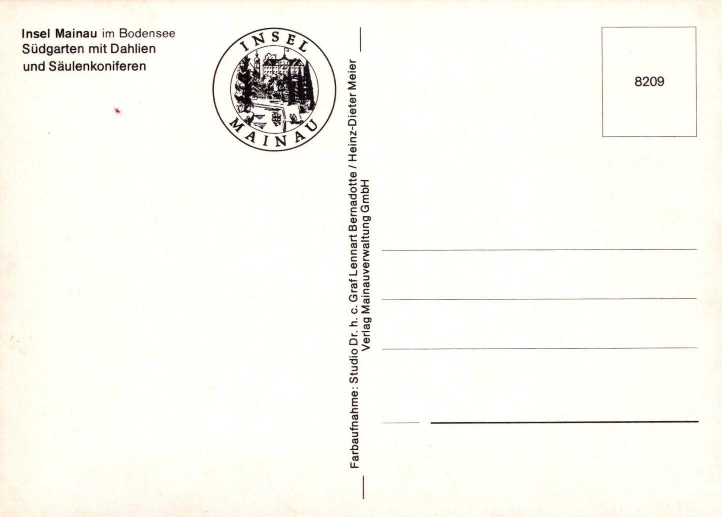 Vintage postcard with 'Insel Mainau' logo and text on a white background