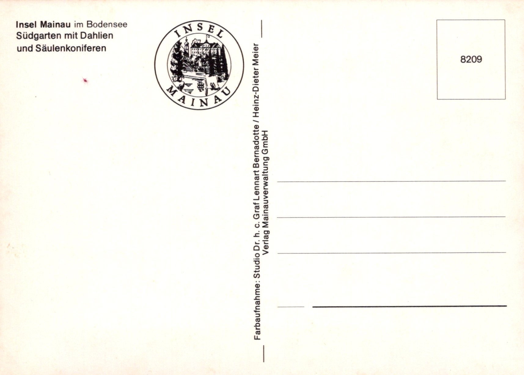 Vintage postcard with 'Insel Mainau' logo and text on a white background