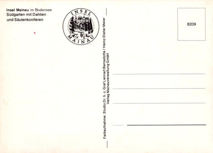 Vintage postcard with 'Insel Mainau' logo and text on a white background