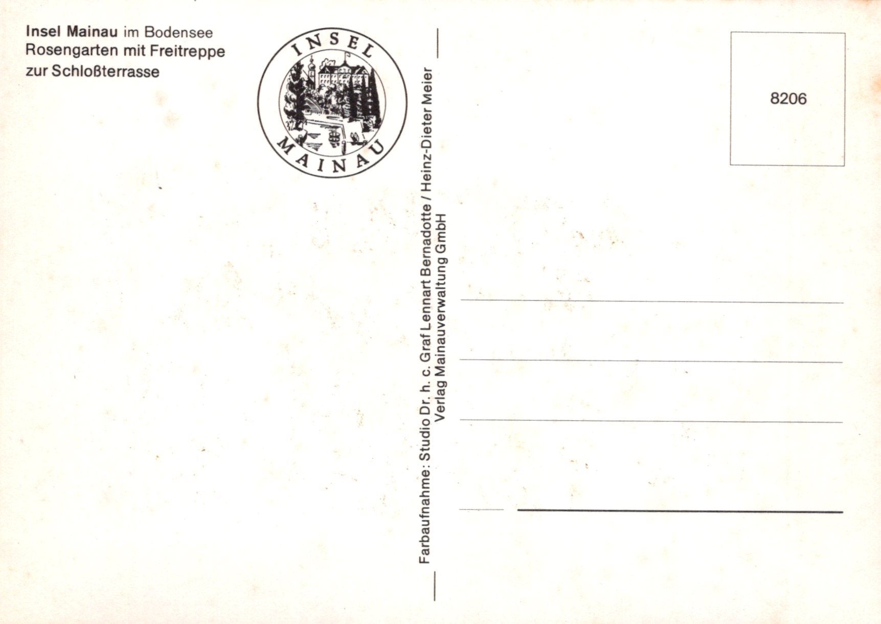 Vintage postcard with 'Insel Mainau' logo and text on a white background