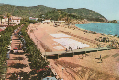 Beach scene with people, cars, and buildings along a road next to a sandy beach.