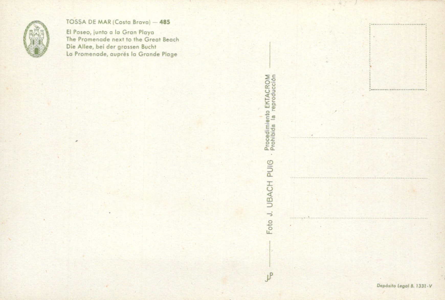 Back of a postcard with text and a logo, featuring a light beige background.