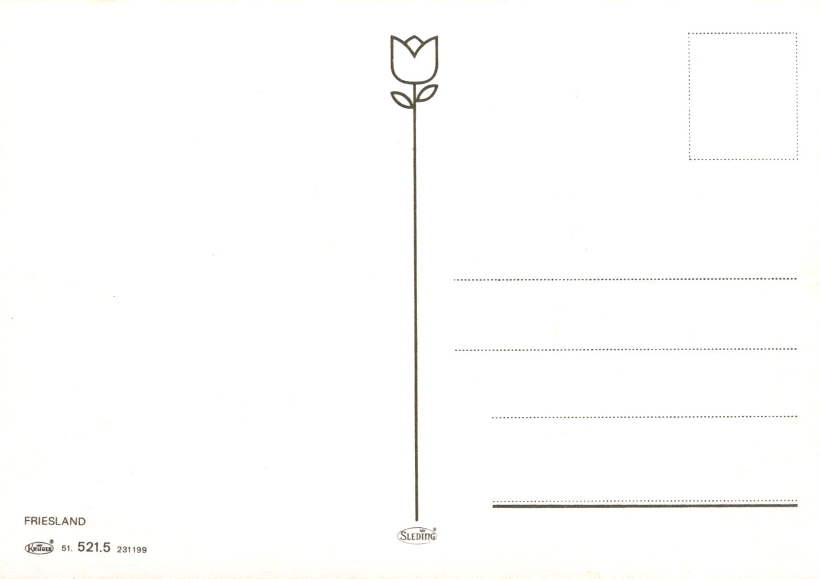 Blank postcard with a tulip design on the top left corner and lined writing area below.