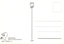 Load image into Gallery viewer, Black and white illustration of a tulip on a postcard with text and a map of Amsterdam.
