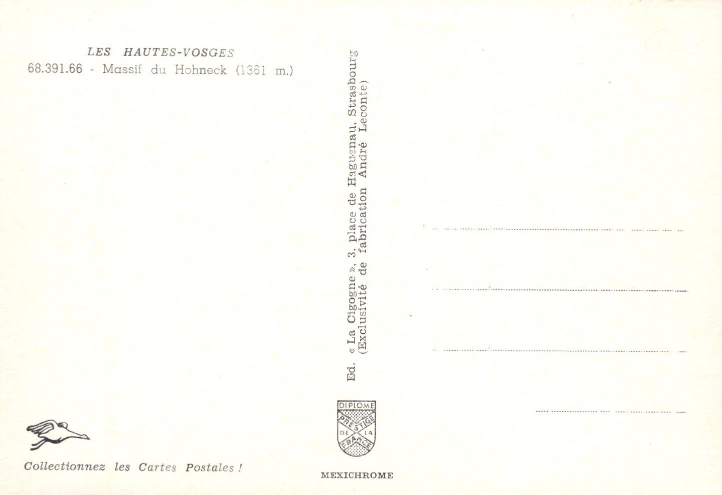 Back of a postcard from Les Hautes-Vosges with text and a logo.