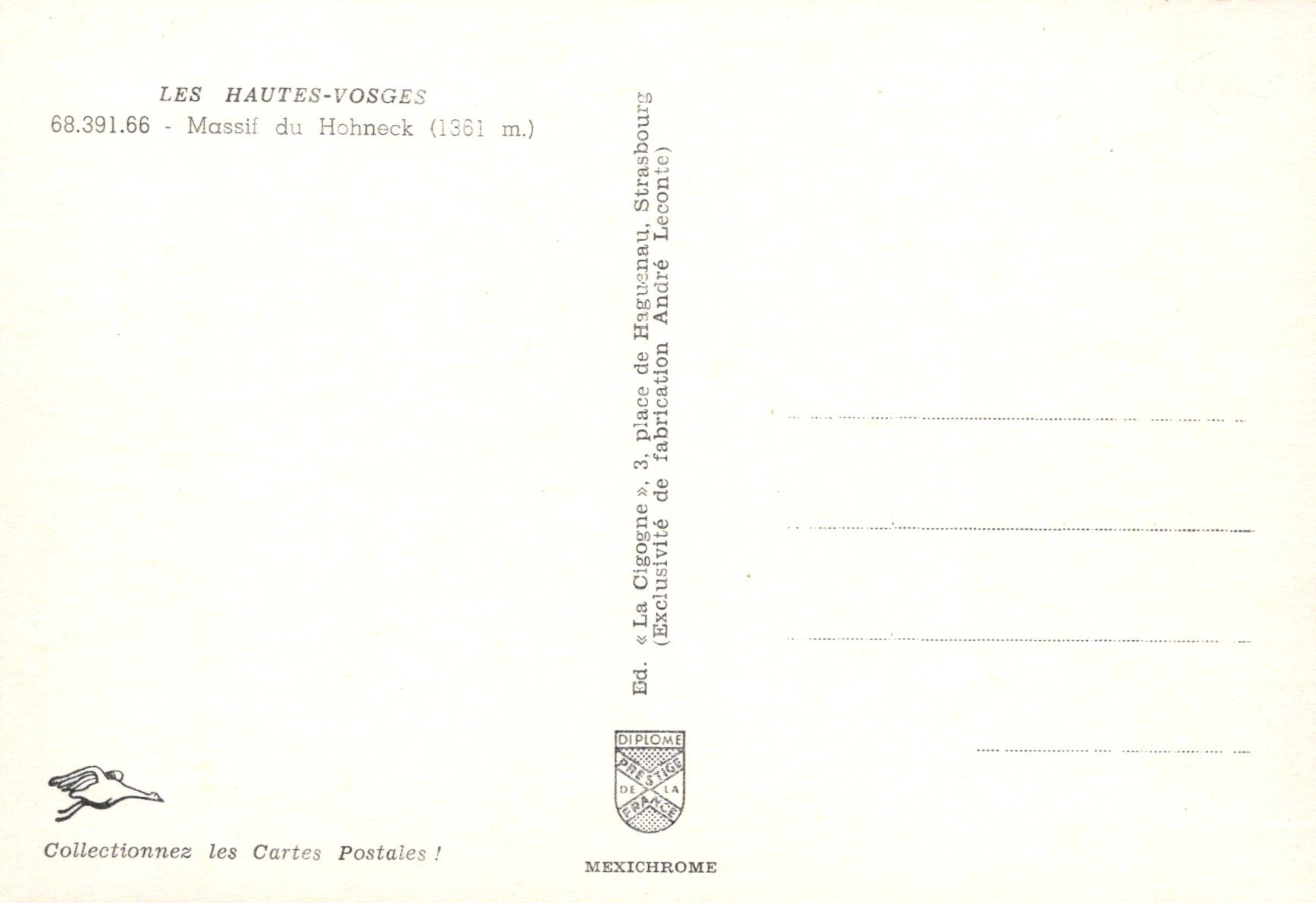 Back of a postcard from Les Hautes-Vosges with text and a logo.