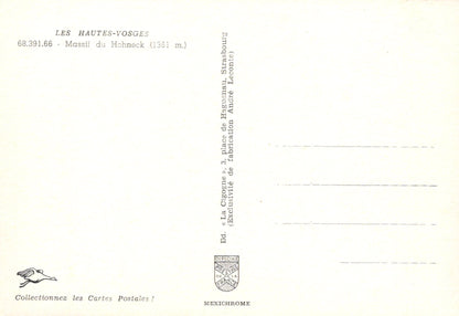 Back of a postcard from Les Hautes-Vosges with text and a logo.
