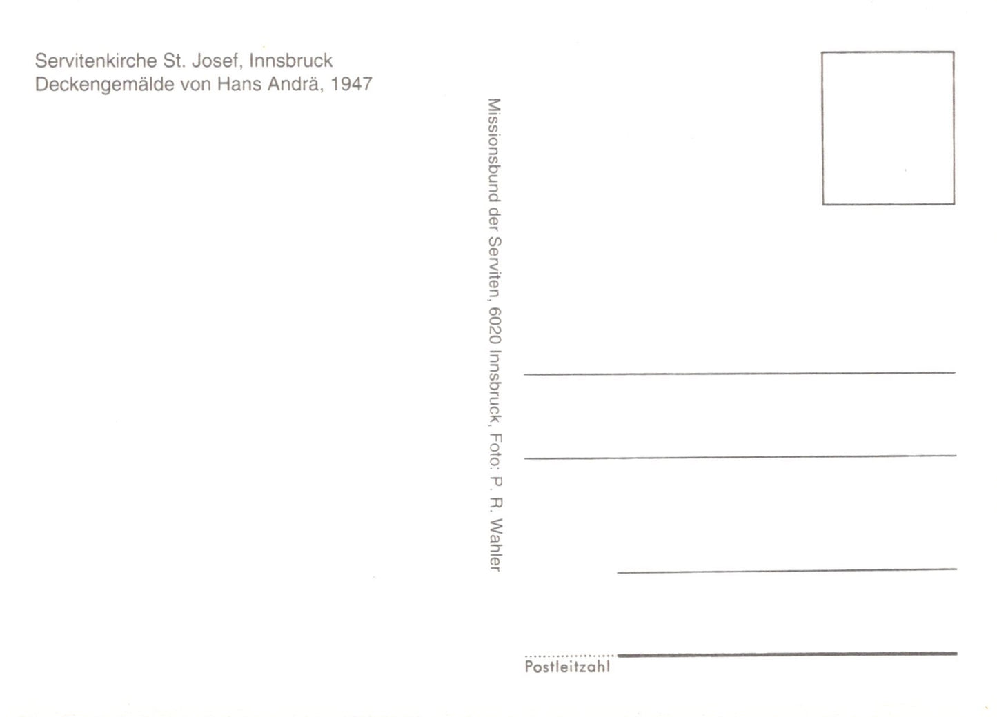 Blank postcard with text and a small square area for a photo, on a white background.