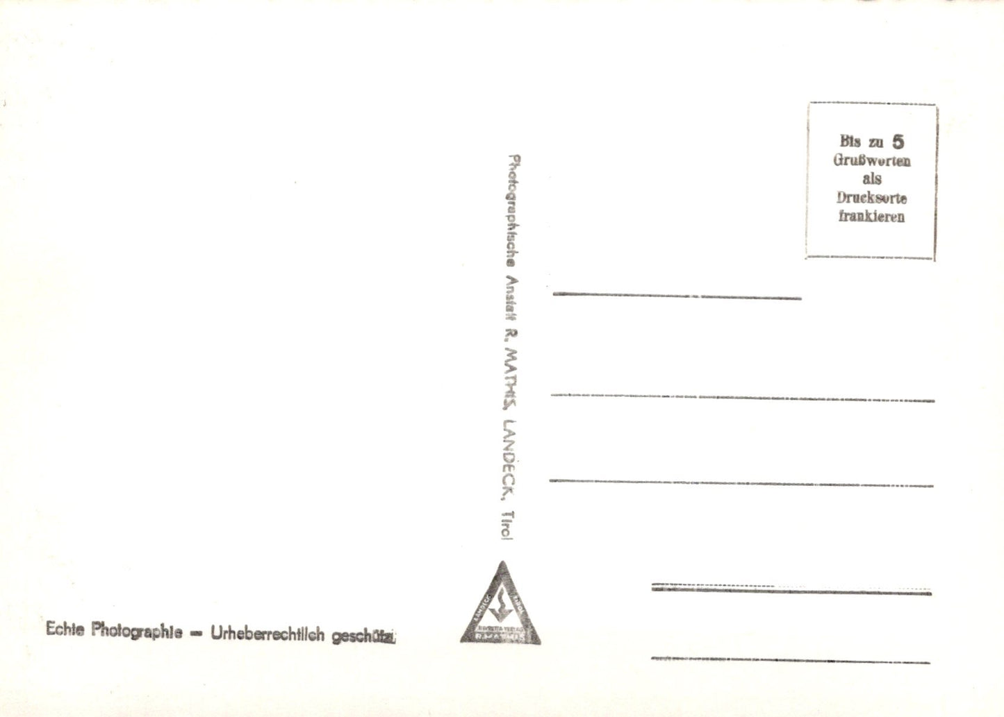 Back of a postcard with text and a logo on a white background