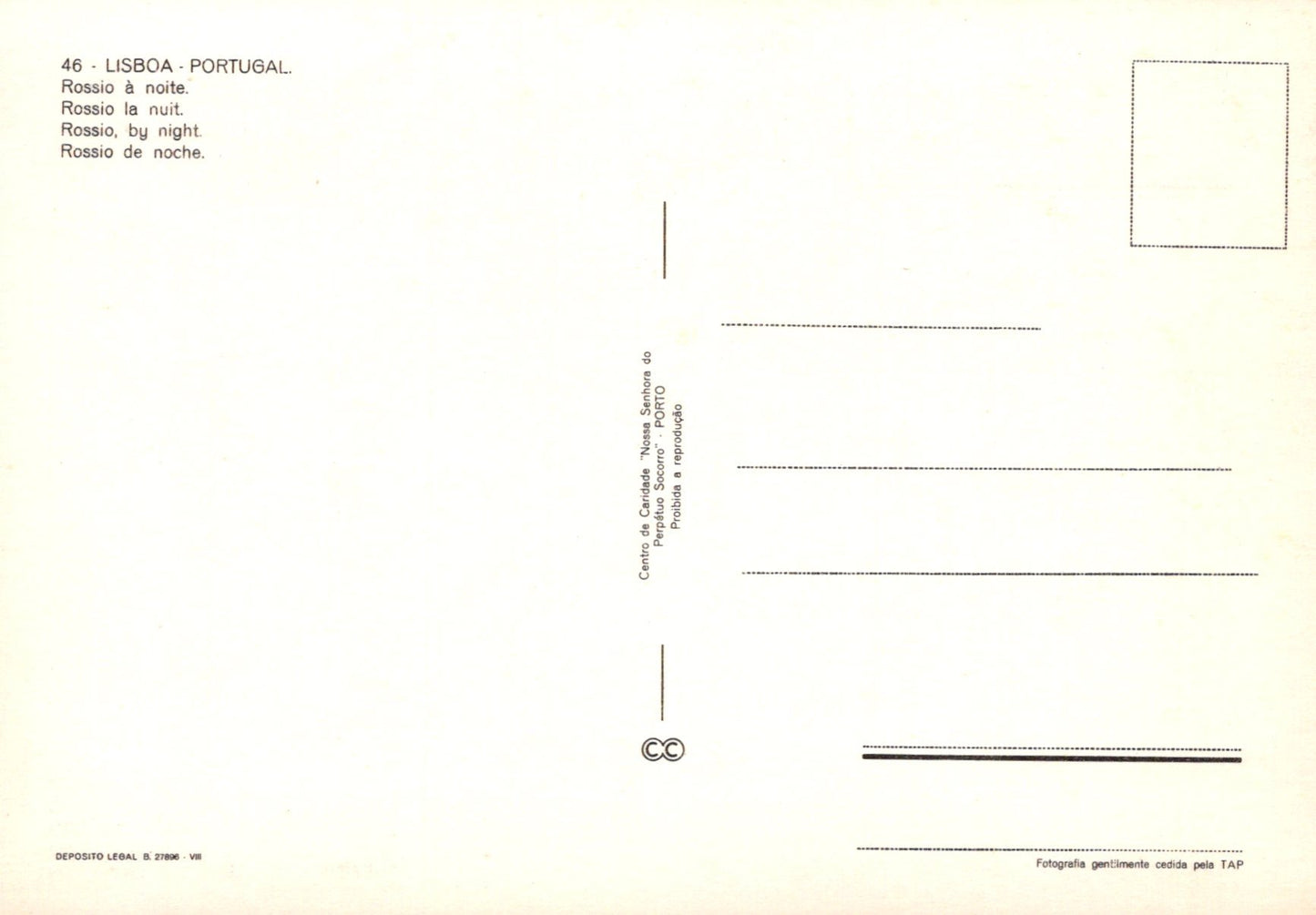 Back of a postcard from Lisbon, Portugal with text and design elements.