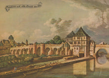 Load image into Gallery viewer, Vintage illustration of Frankfurt with Alte Brücke, showing historical architecture and river scene.
