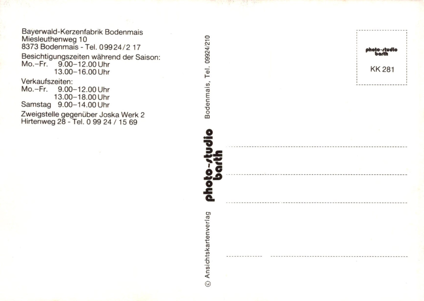 Back of a postcard with text and contact information for Bayerwald-Kerzenfabrik Bodenmais, featuring the photo-studio Barth logo.