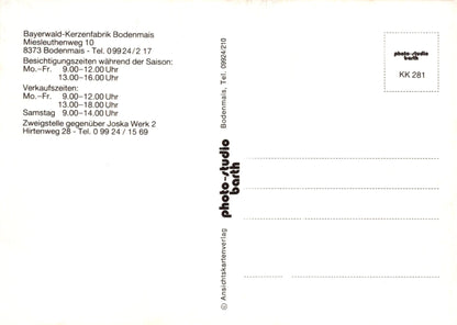 Back of a postcard with text and contact information for Bayerwald-Kerzenfabrik Bodenmais, featuring the photo-studio Barth logo.