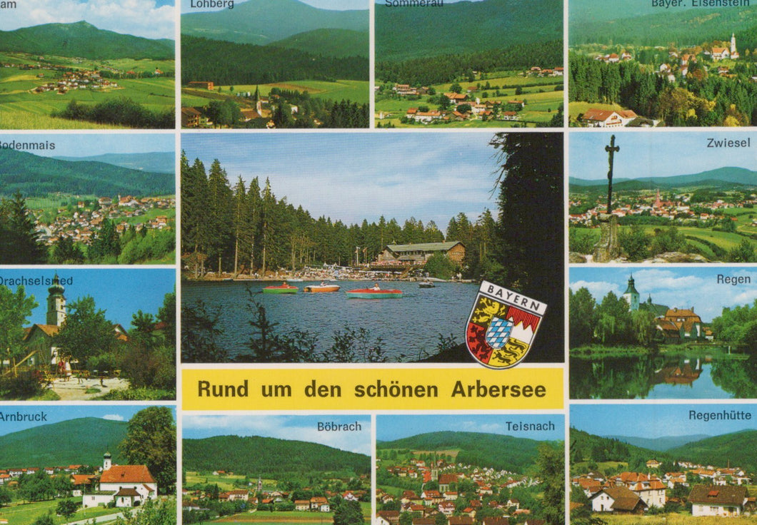 Collage of scenic views around Arbersee lake with a central logo and text.