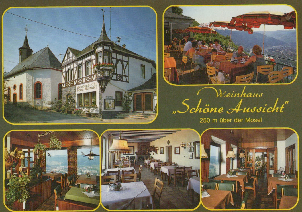 Collage of images from a restaurant named 'Weinhaus Schäne Aussicht' with exterior, interior, and scenic views.