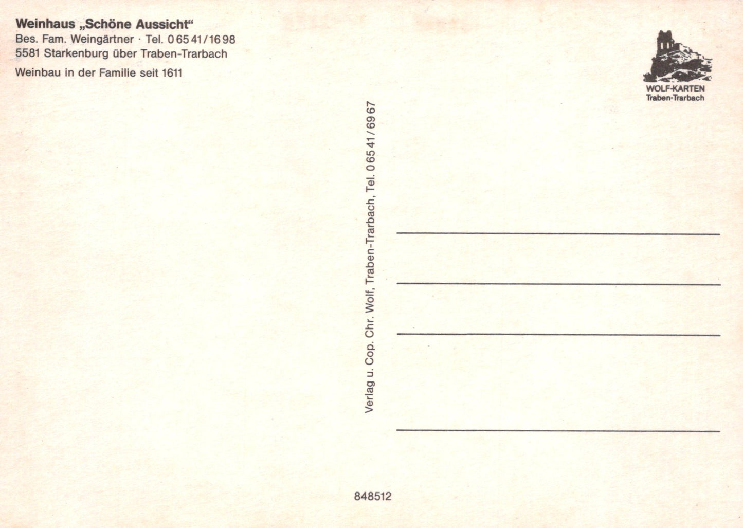 Back of a postcard with text and a logo, featuring contact information and branding.