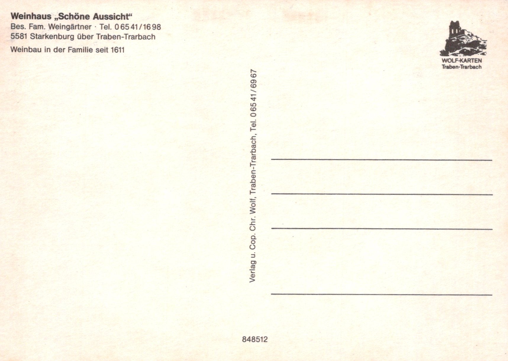 Back of a postcard with text and a logo, featuring contact information and branding.