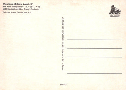 Back of a postcard with text and a logo, featuring contact information and branding.