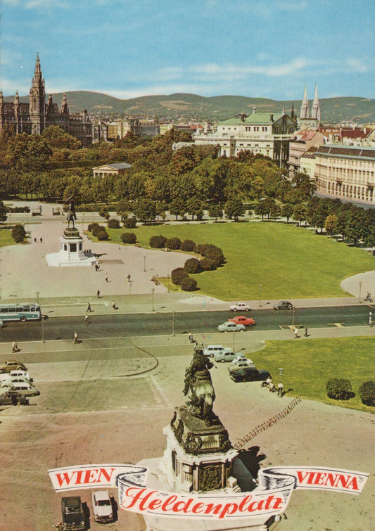 Vintage postcard of Vienna's Heldenplatz with statues and cityscape.