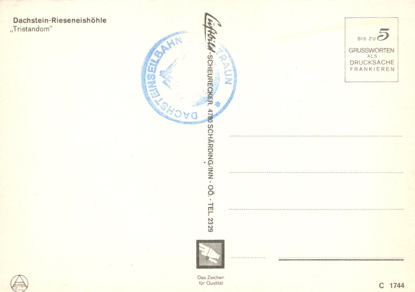 Postcard with a scenic view of Dachstein-Rieseneishole, featuring a stamp and text.
