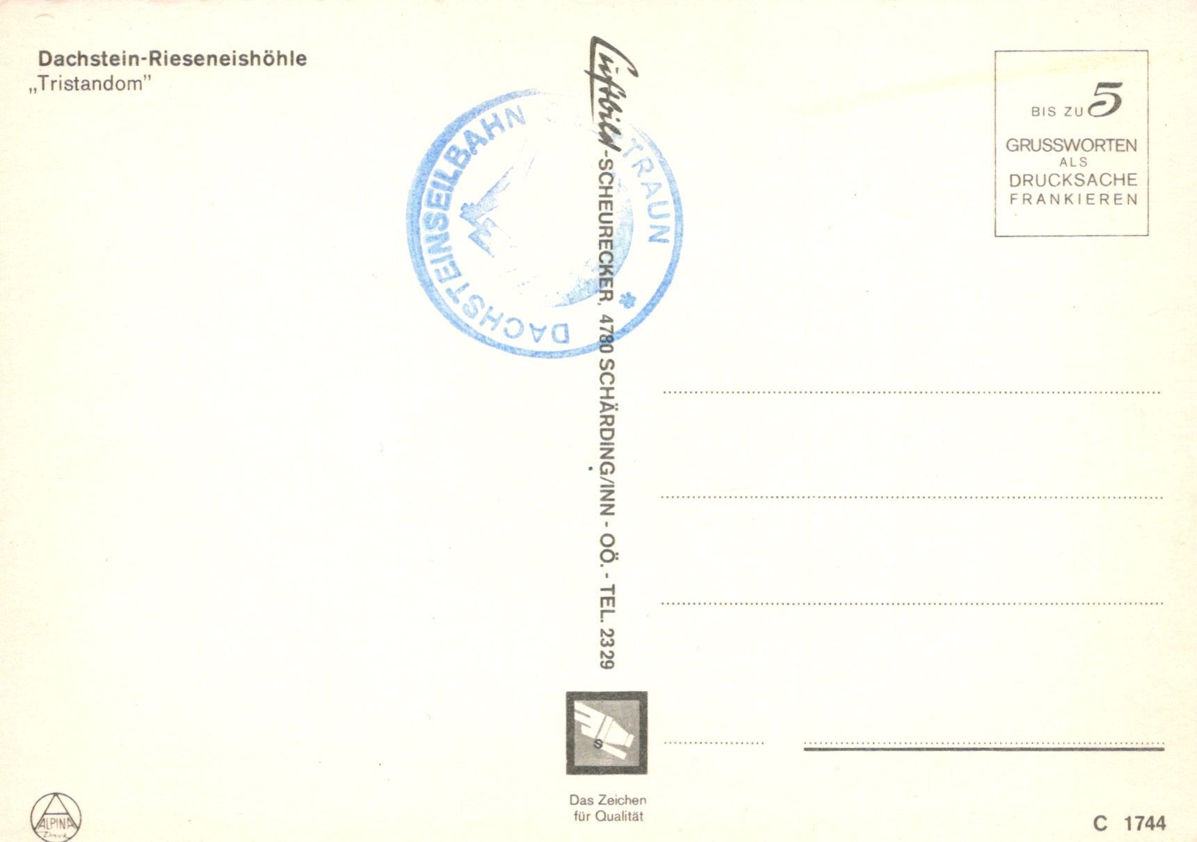 Postcard with a scenic view of Dachstein-Rieseneishole, featuring a stamp and text.