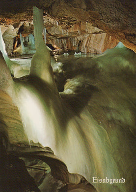 Cave with ice formations and water, labeled 'Eisabgrund'.