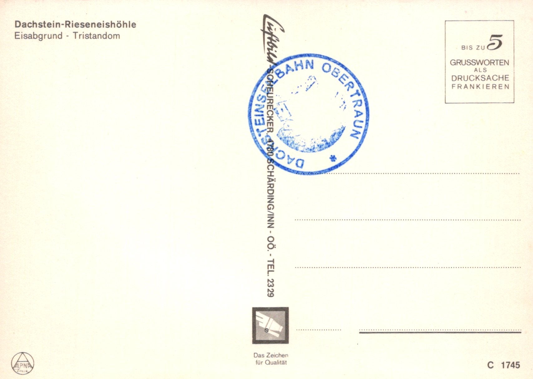 Vintage postcard with a stamp and text, featuring a scenic view of Dachstein-Rieseneishähle.