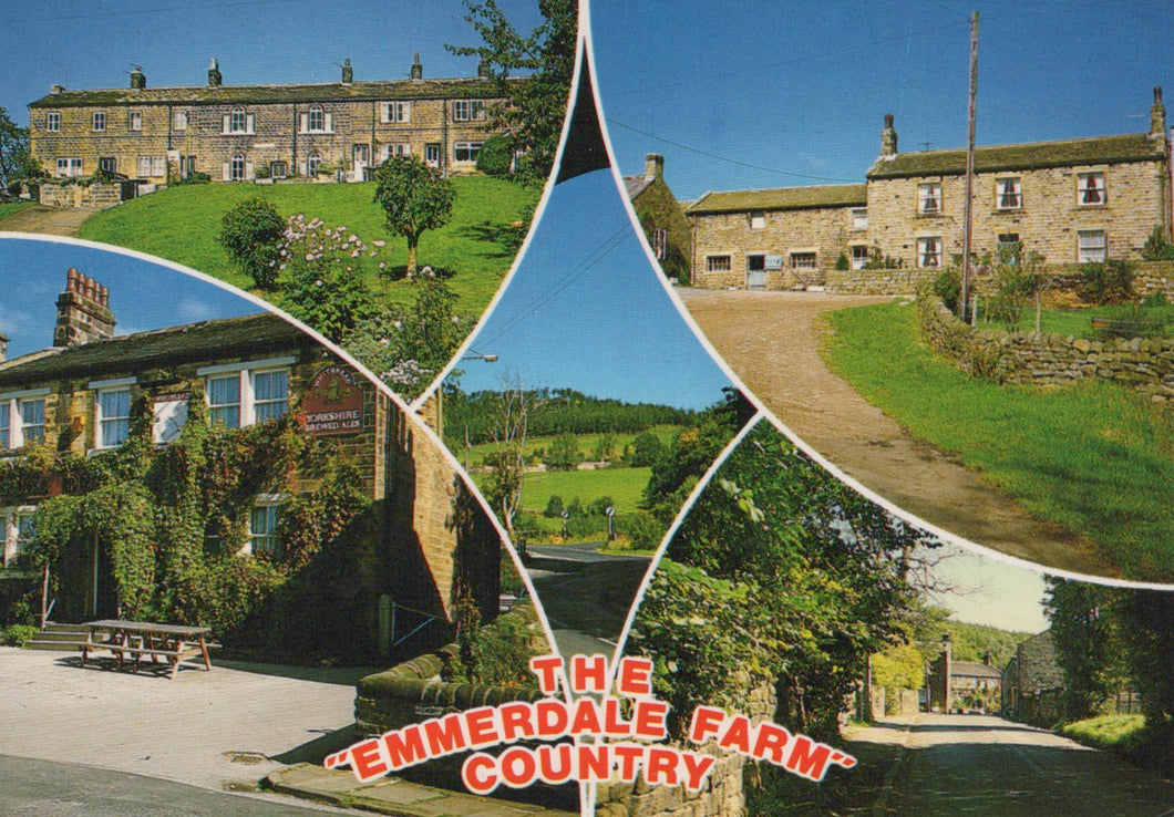 Collage of images from Emmerdale Farm Country featuring buildings and landscapes.