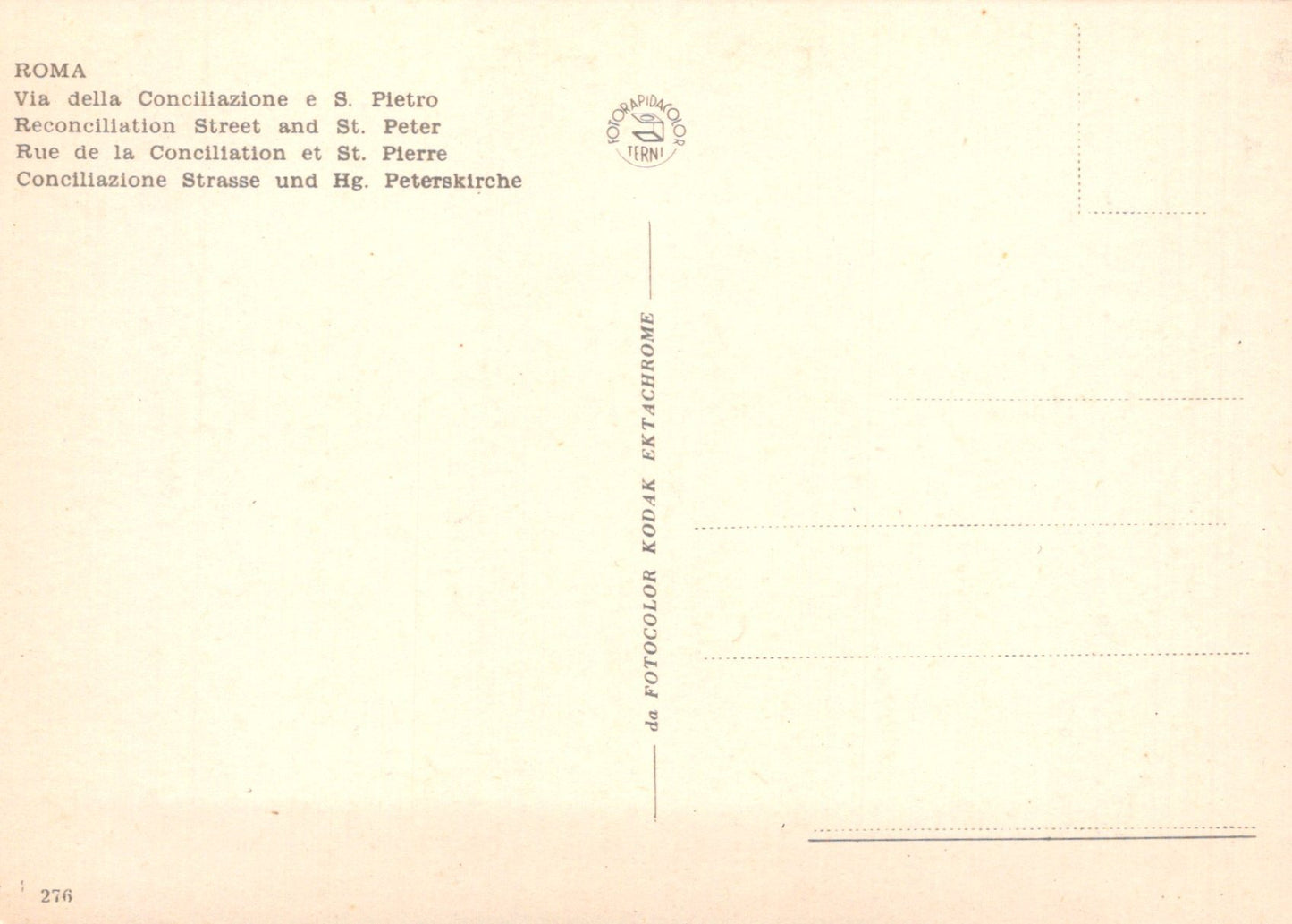 Back of a postcard with text in multiple languages on a light background