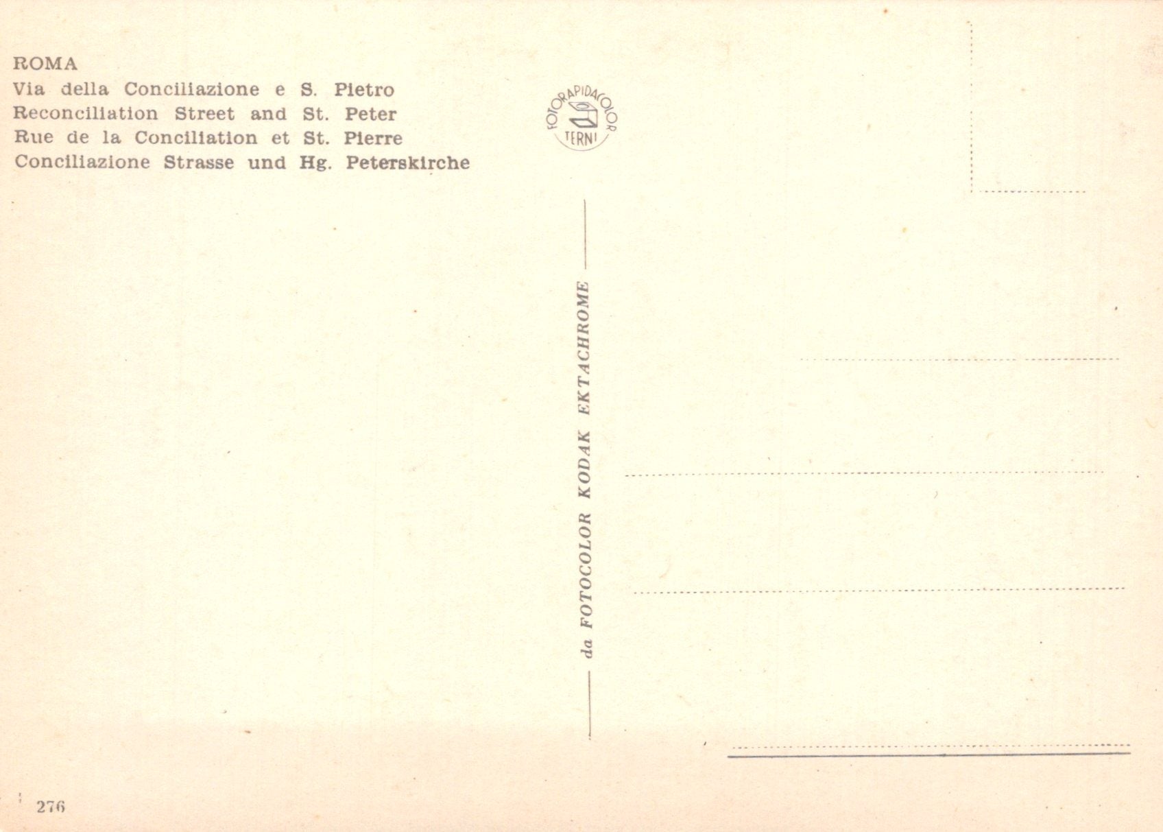 Back of a postcard with text in multiple languages on a light background