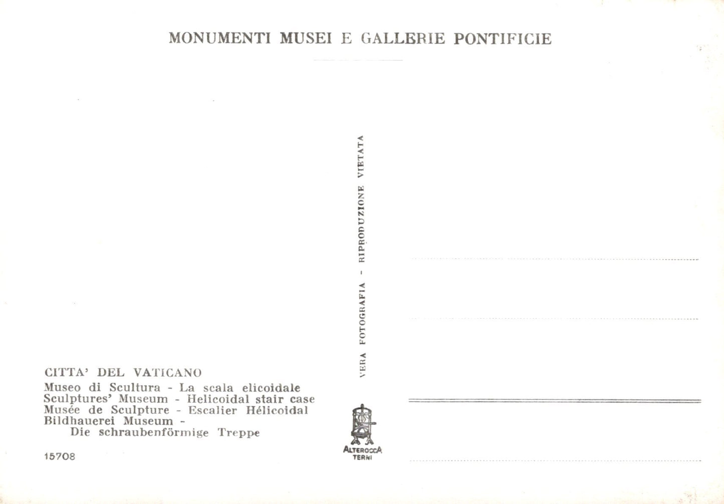 Vintage postcard with text and a logo, featuring 'Monumenti Musei e Gallerie Pontificie' and 'Vatican City'.