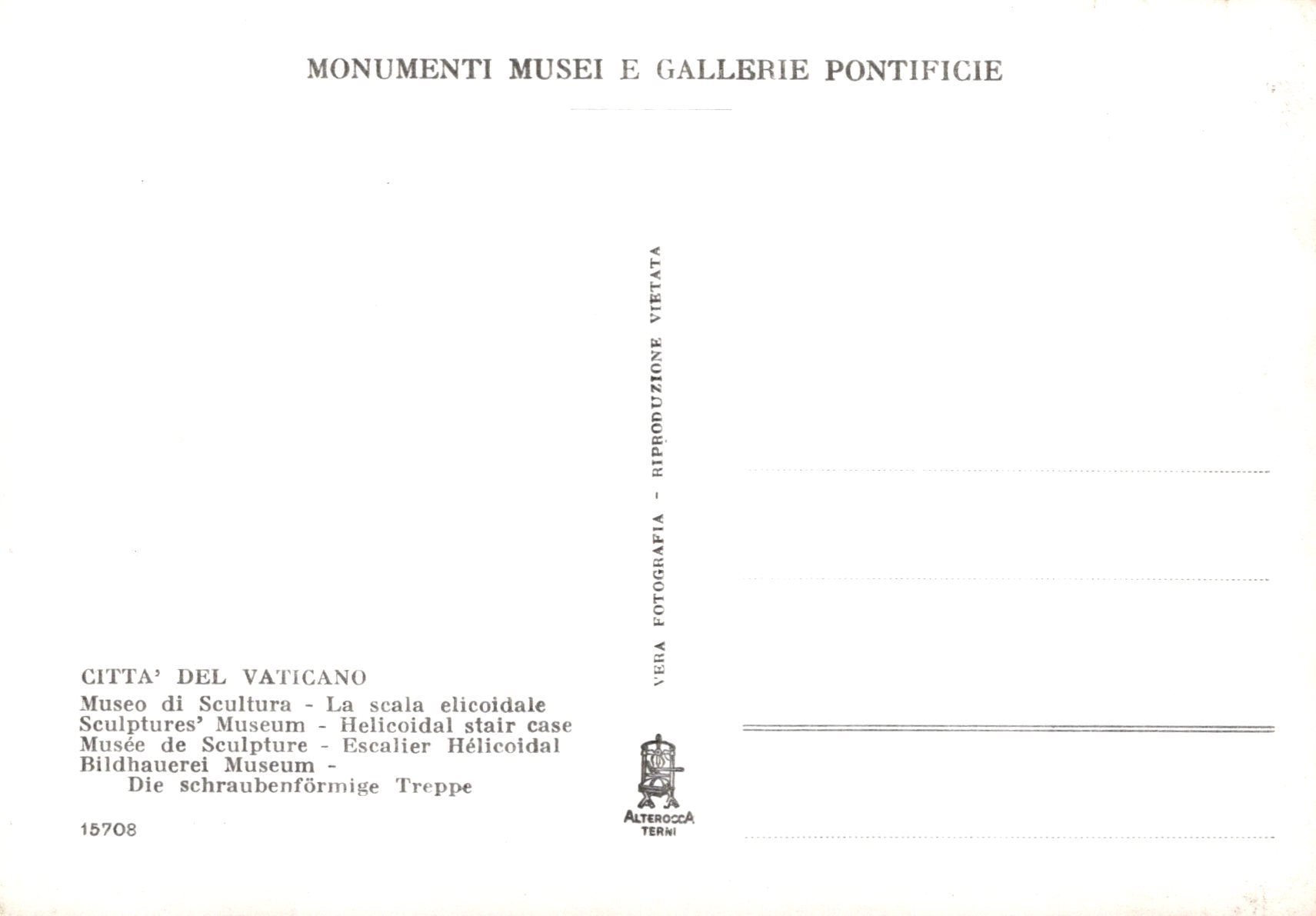 Vintage postcard with text and a logo, featuring 'Monumenti Musei e Gallerie Pontificie' and 'Vatican City'.