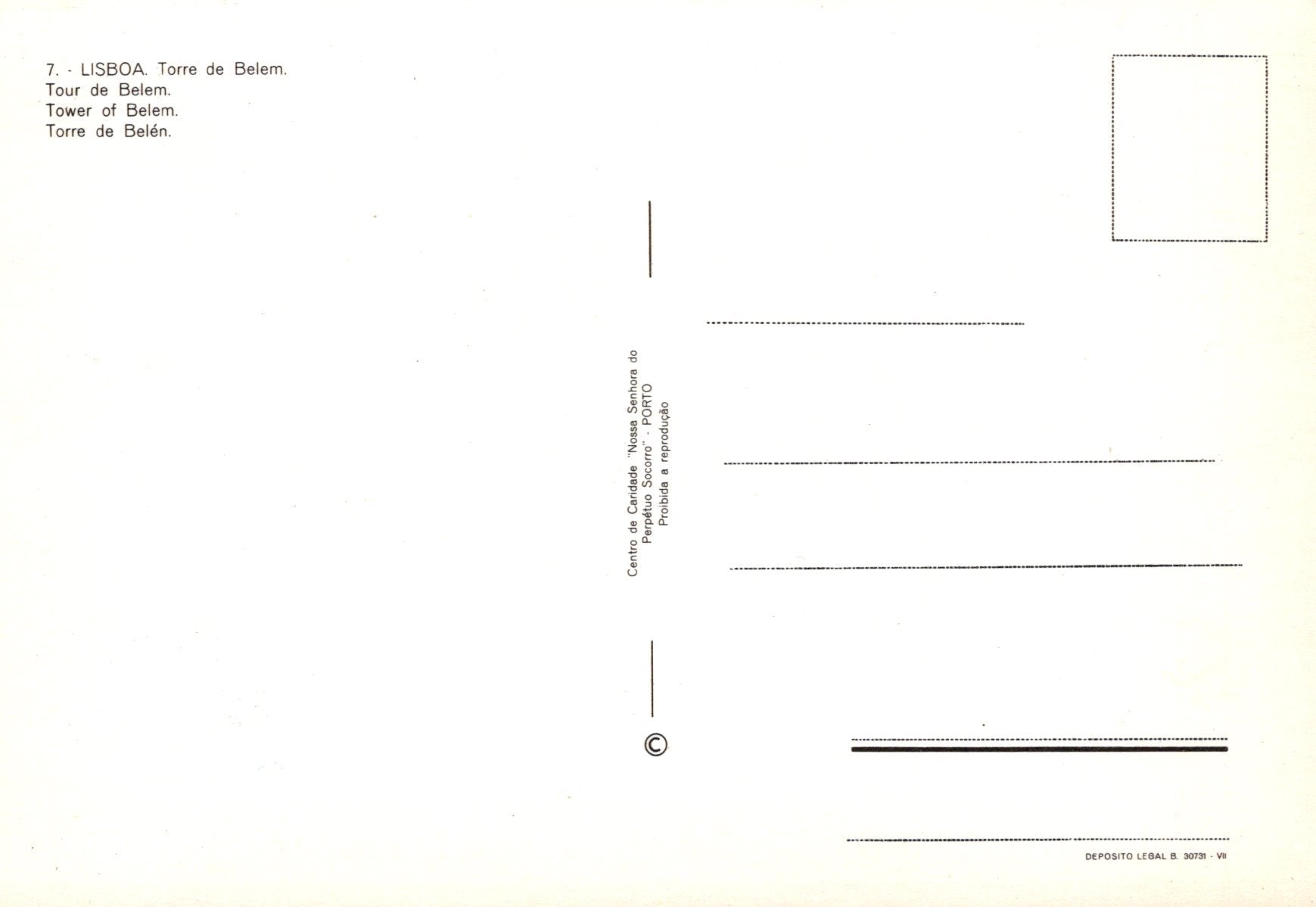 Back of a postcard with text and a small square area for a photo, on a beige background.