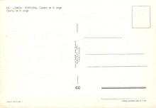 Load image into Gallery viewer, Back of a postcard from Portugal with text and a stamp
