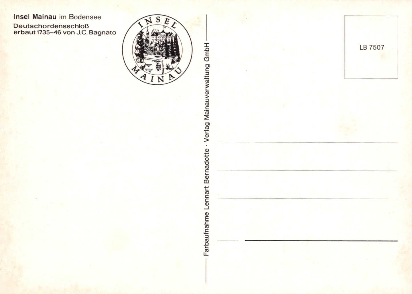 Vintage postcard with 'Insel Mainau' logo and text on a white background