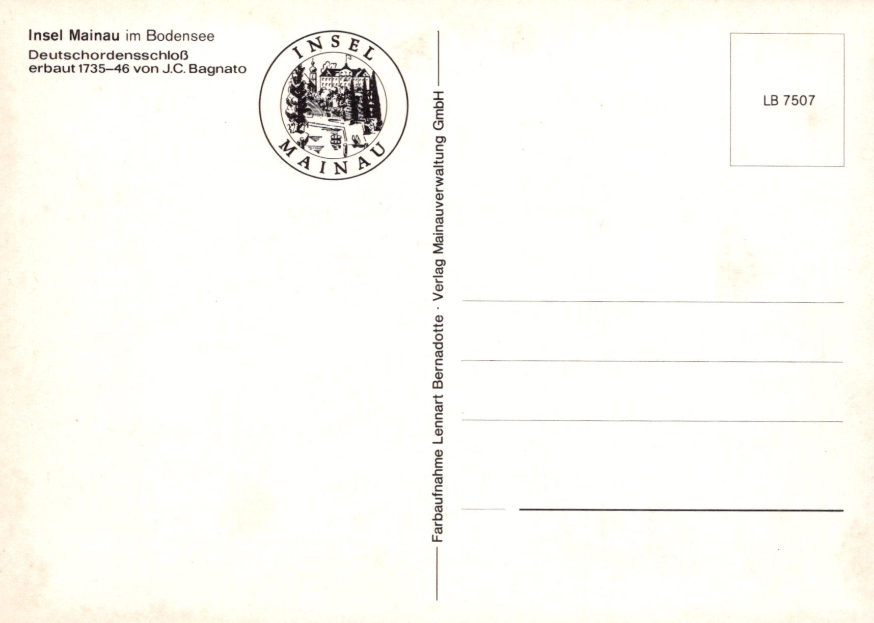 Vintage postcard with 'Insel Mainau' logo and text on a white background