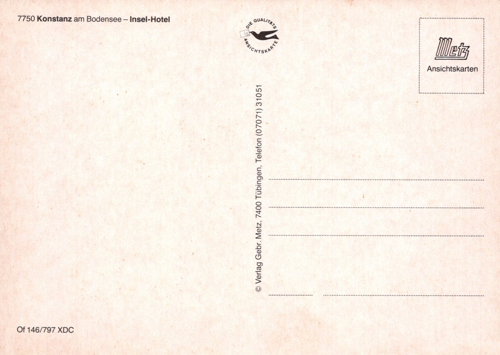 Back of a postcard with text and logos on a beige background