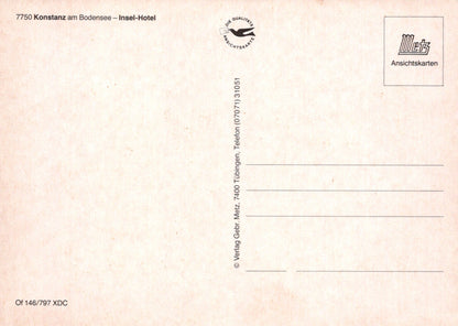 Back of a postcard with text and logos on a beige background