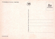 Load image into Gallery viewer, Back of a postcard with text and logos on a beige background
