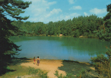 Two people walking along a path by a lake surrounded by trees on a sunny day.