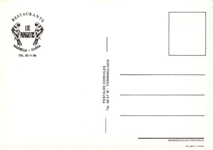 Back of a postcard with restaurant logo and contact information on a white background