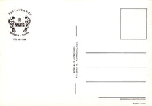 Load image into Gallery viewer, Back of a postcard with restaurant logo and contact information on a white background

