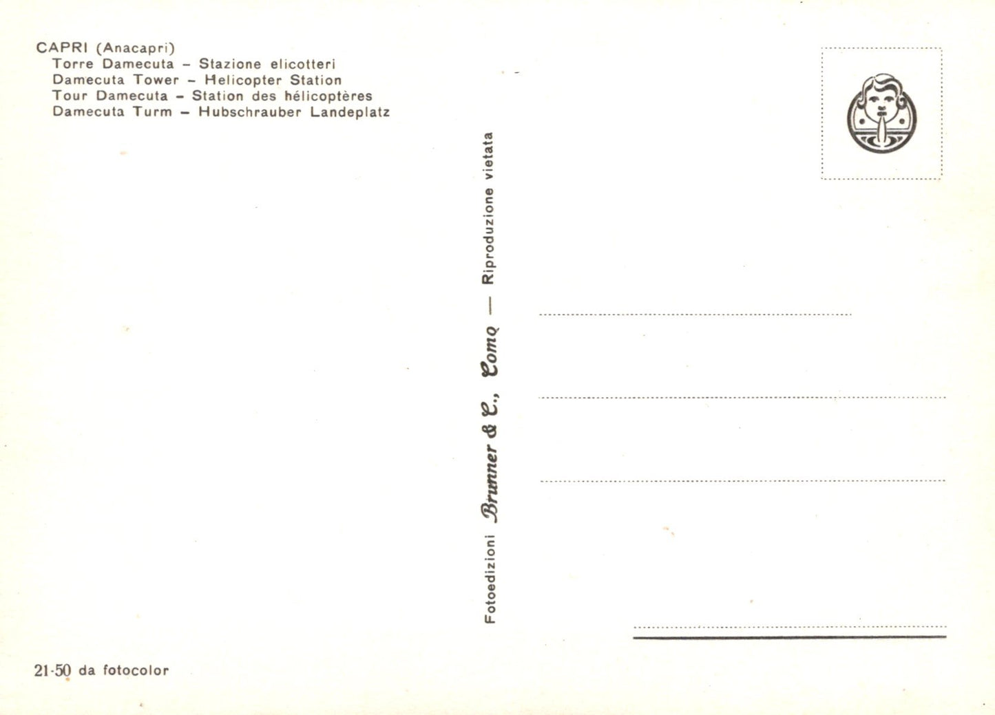 Back of a postcard with text and a logo, featuring a light gradient background.